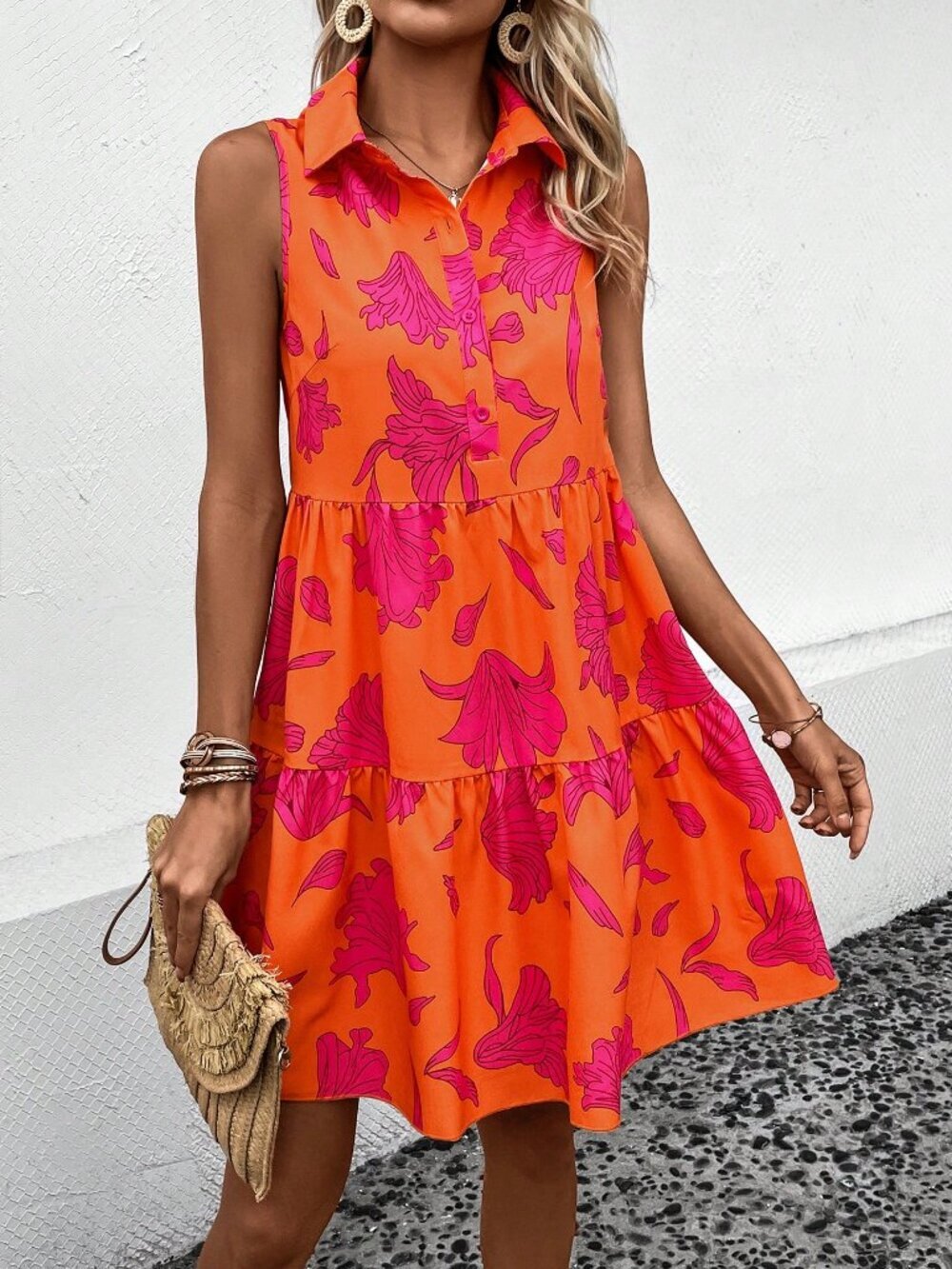 Orange Cute Women's Floral Print Ruffle Hem Dress - Picture 7 of 7